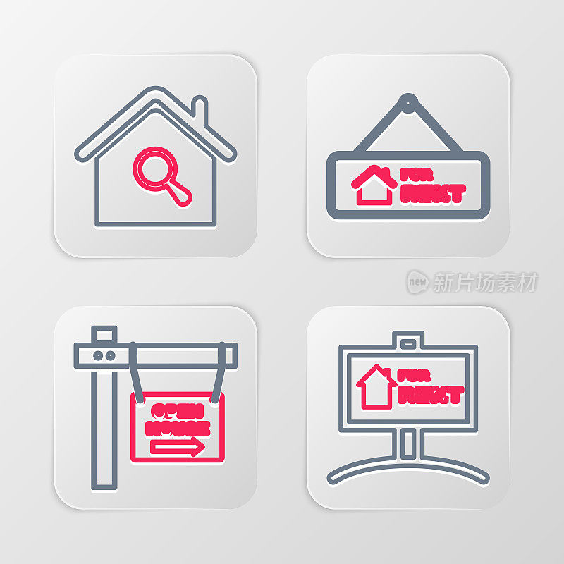 设置line Hanging sign For Rent, Open house, and Search icon。向量